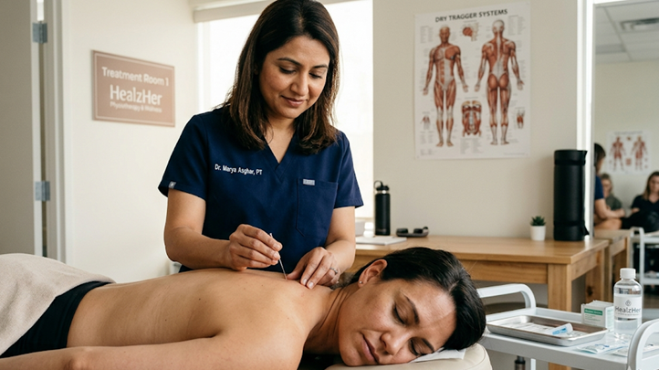 Dry needling physiotherapy treatment session at HealzHer by Dr. Marya Asghar | trigger point release for muscle pain relief in women